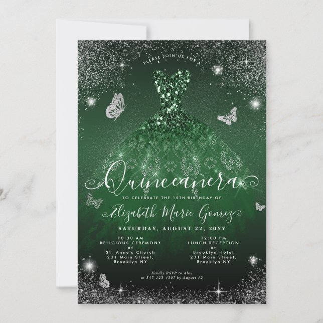 Glam Emerald Green Silver Glitter Gown Quinceanera Invitation (Front)