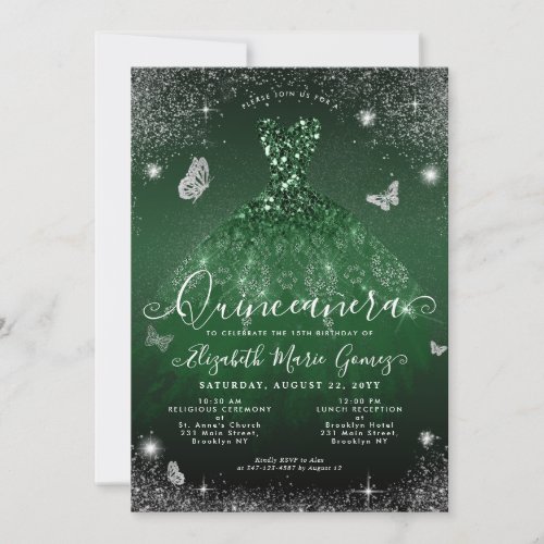 Glam Emerald Green Silver Glitter Gown Quinceanera Invitation