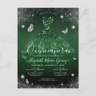 Glam Emerald Green Silver Glitter Gown Quinceanera Postcard