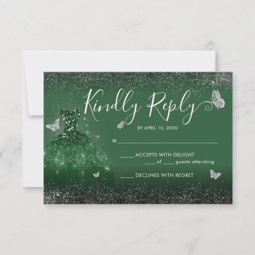 Glam Emerald Green Silver Glitter Gown Quinceanera RSVP Card