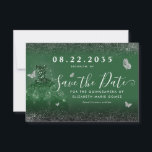 Glam Emerald Green Silver Glitter Gown Quinceanera Save The Date<br><div class="desc">Modern Emerald Green Silver Gray Princess Gown Dress Glitter Sparkle Butterfly 15th Birthday Quinceanera Save the Date Invitation</div>