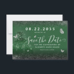Glam Emerald Green Silver Glitter Gown Quinceanera Save The Date<br><div class="desc">Modern Emerald Green Silver Gray Princess Gown Dress Glitter Sparkle Butterfly 15th Birthday Quinceanera Save the Date Invitation</div>