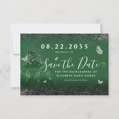 Glam Emerald Green Silver Glitter Gown Quinceanera Save The Date