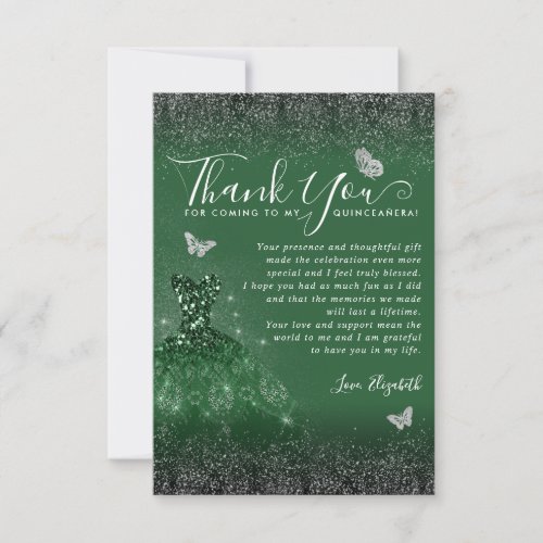 Glam Emerald Green Silver Glitter Gown Quinceanera Thank You Card