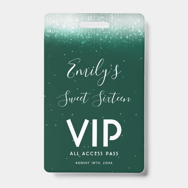 Glam Emerald Sweet 16 Invitation VIP Pass Badge (Front)