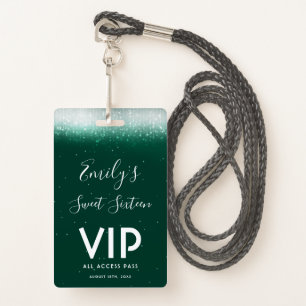 Glam Emerald Sweet 16 Invitation VIP Pass Badge