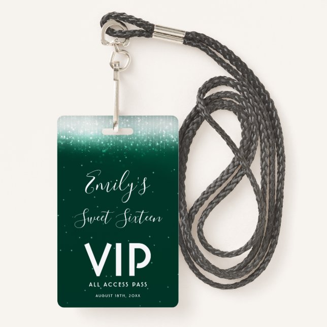Glam Emerald Sweet 16 Invitation VIP Pass Badge (Front with Lanyard)