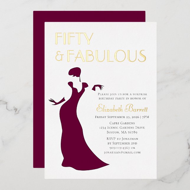 Glam Evening Gown Fifty and Fabulous Birthday Gold Foil Invitation (Front/Back)