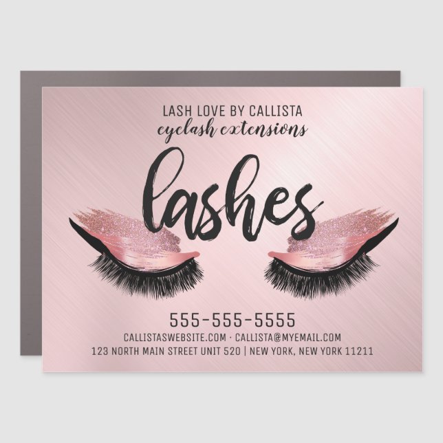Glam Eyelash Pink Rose Glitter Metallic Lashes Car Magnet (Front)