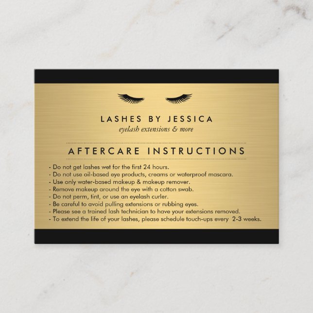 Glam Eyelashes Black and Gold Aftercare Card (Front)