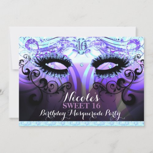 Glam Eyelashes Purple Masquerade Party Invitations