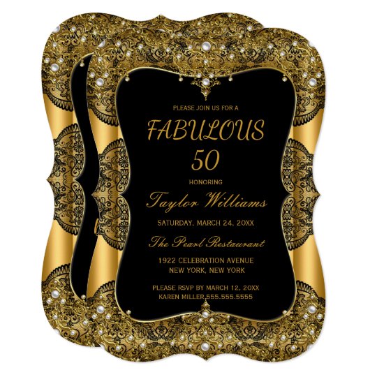 Glam Fabulous 50 Party Black Lace Pearl Gold Invitation