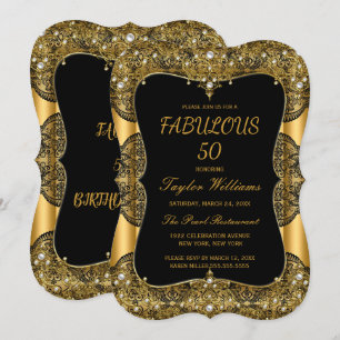 Glam Fabulous 50 Party Black Lace Pearl Gold Invitation