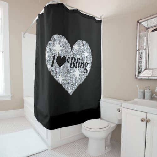 Glam fake diamond I love bling heart on black Shower Curtain