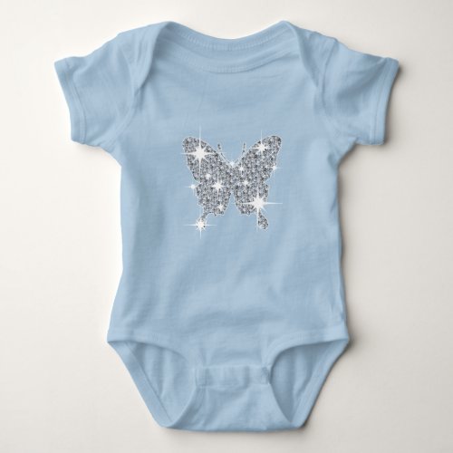 Glam faux diamond sparkle butterfly on baby blue baby bodysuit