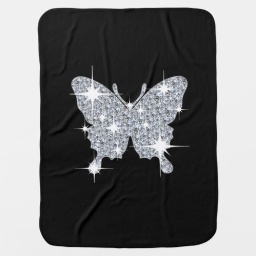 Glam faux diamond sparkle butterfly on black baby blanket