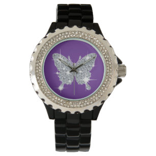 Glam faux diamond sparkle butterfly on purple watc watch