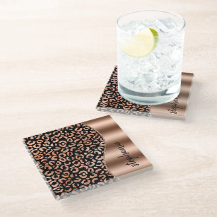 Glam Faux Foil Leopard Spots Rose Gold Black Name Glass Coaster