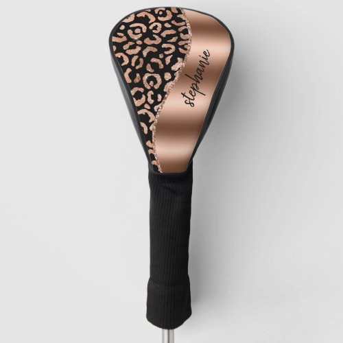 Glam Faux Foil Leopard Spots Rose Gold Black Name Golf Head Cover