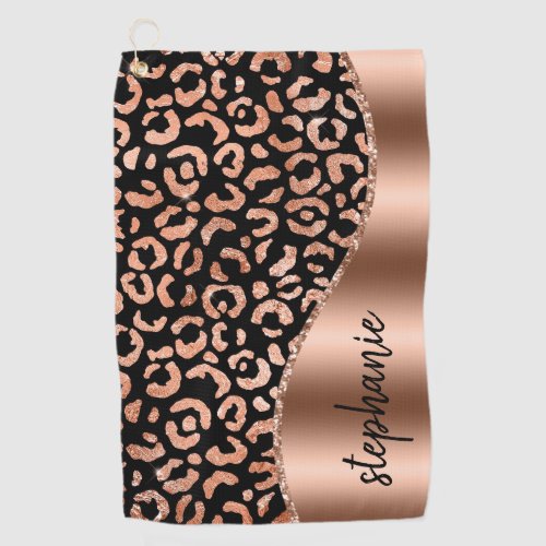 Glam Faux Foil Leopard Spots Rose Gold Black Name Golf Towel