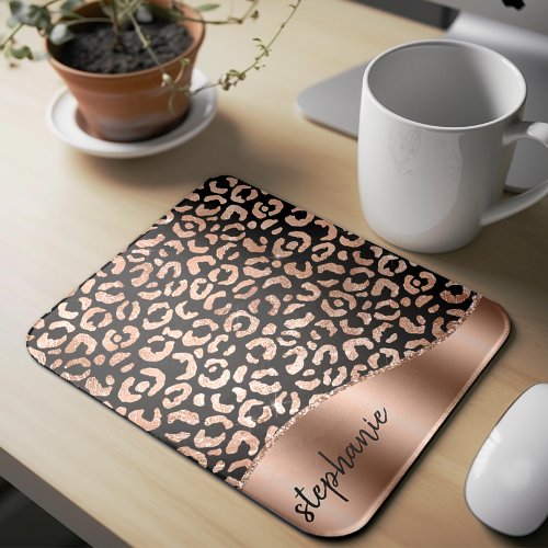 Glam Faux Foil Leopard Spots Rose Gold Black Name Mouse Pad