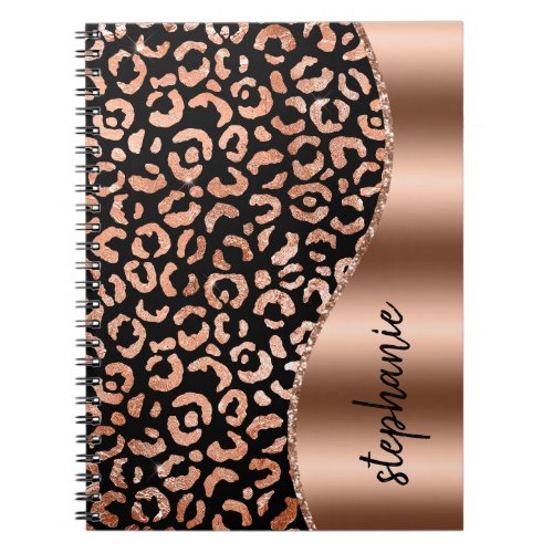 Glam Faux Foil Leopard Spots Rose Gold Black Name Notebook