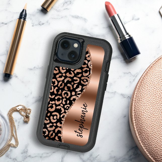 Glam Faux Foil Leopard Spots Rose Gold Black Name Otterbox iPhone Case (Creator Uploaded)