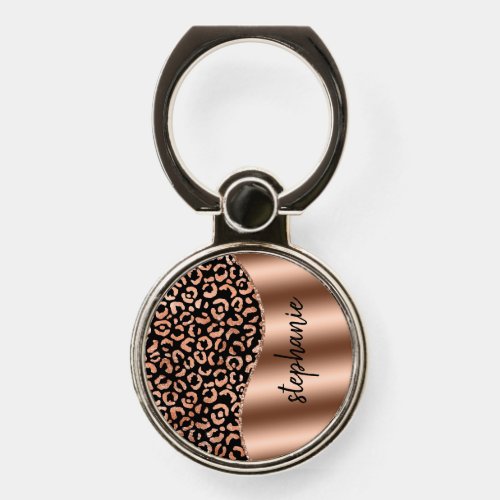 Glam Faux Foil Leopard Spots Rose Gold Black Name Phone Ring Stand
