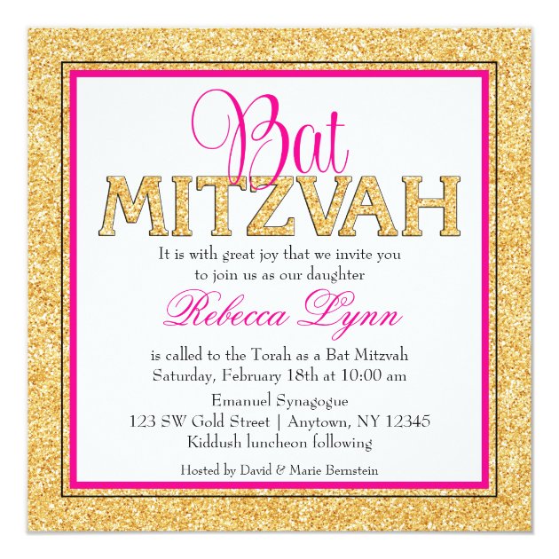 Glam Faux Glitter Gold Pink Bat Mitzvah Invitation