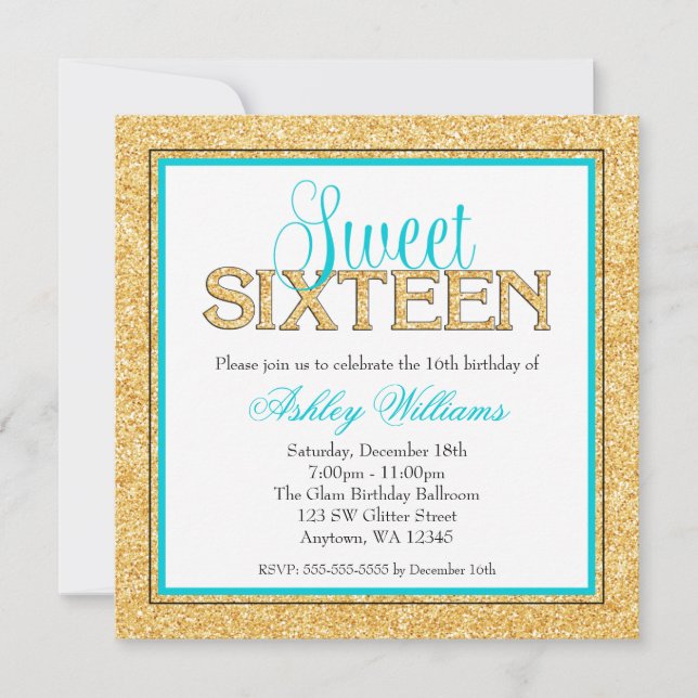 Glam Faux Glitter Gold Teal Sweet 16 Invitation (Front)