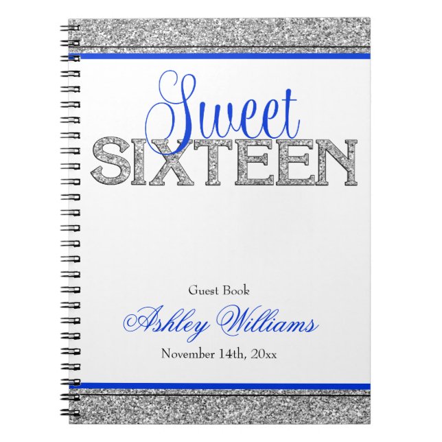Glam Faux Glitter Silver Blue Sweet 16 Guest Book (Front)