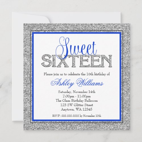 Glam Faux Glitter Silver Blue Sweet 16 Custom Invitation
