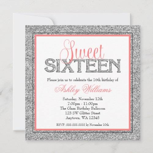 Glam Faux Glitter Silver Coral Sweet 16 Invite