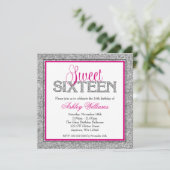 Glam Faux Glitter Silver Hot Pink Sweet 16 Invitation (Standing Front)