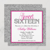 Glam Faux Glitter Silver Hot Pink Sweet 16 Invitation (Front/Back)