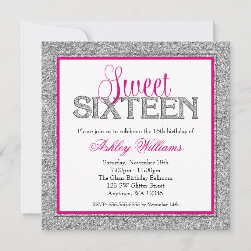 Glam Faux Glitter Silver Hot Pink Sweet 16 Invitation