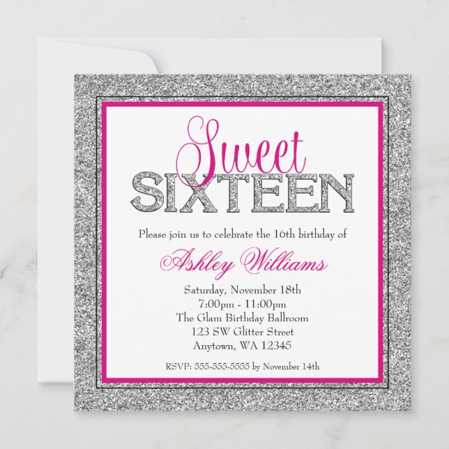 Glam Faux Glitter Silver Hot Pink Sweet 16 Invitation (Front)