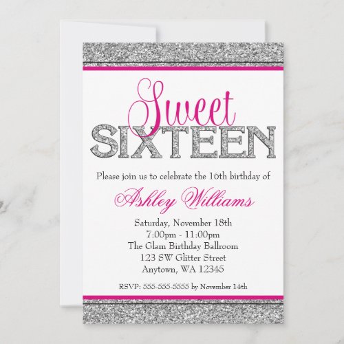 Glam Faux Glitter Silver Hot Pink Sweet 16 Invitation