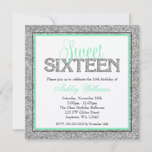 Glam Faux Glitter Silver Mint Seafoam Sweet 16 Invitation