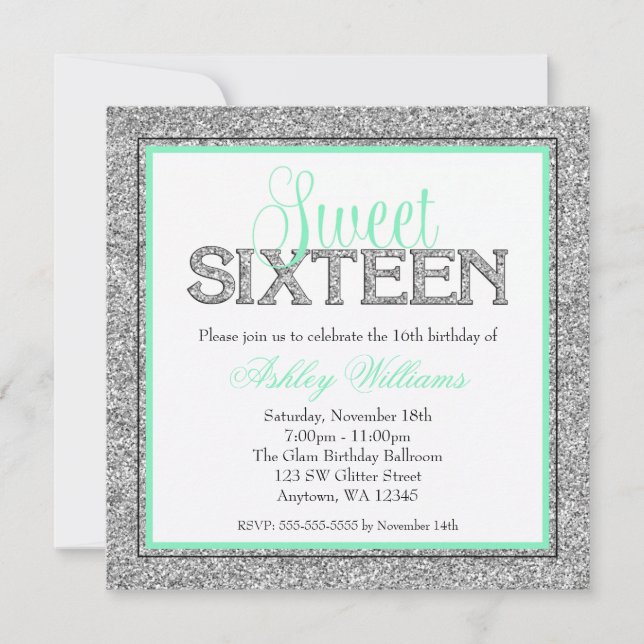 Glam Faux Glitter Silver Mint Seafoam Sweet 16 Invitation (Front)