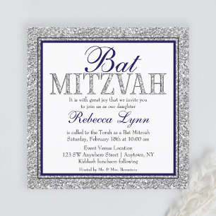 Glam Faux Glitter Silver Navy Blue Bat Mitzvah Invitation