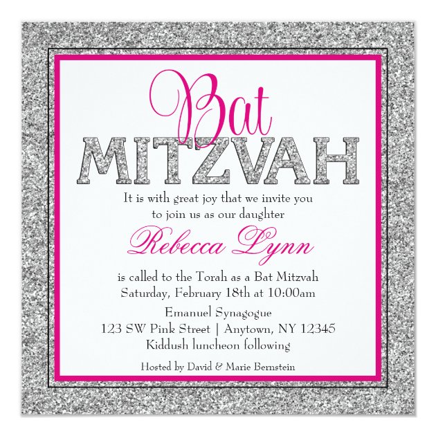 Glam Faux Glitter Silver Pink Bat Mitzvah Invitation