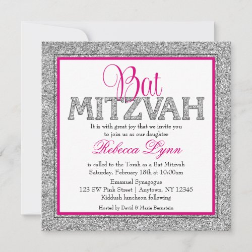 Glam Faux Glitter Silver Pink Bat Mitzvah Invitation