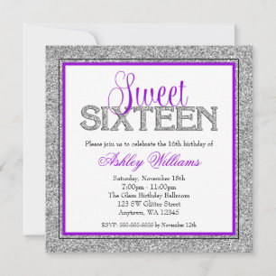 Glam Faux Glitter Silver Purple Sweet 16 Invitation