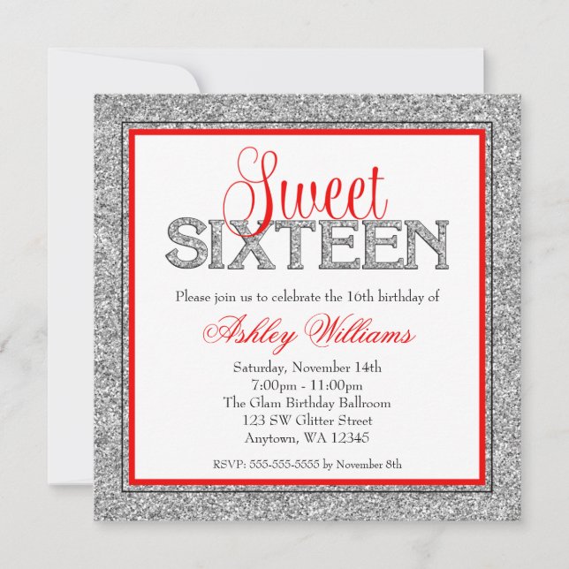 Glam Faux Glitter Silver Red Sweet 16 Invitation (Front)