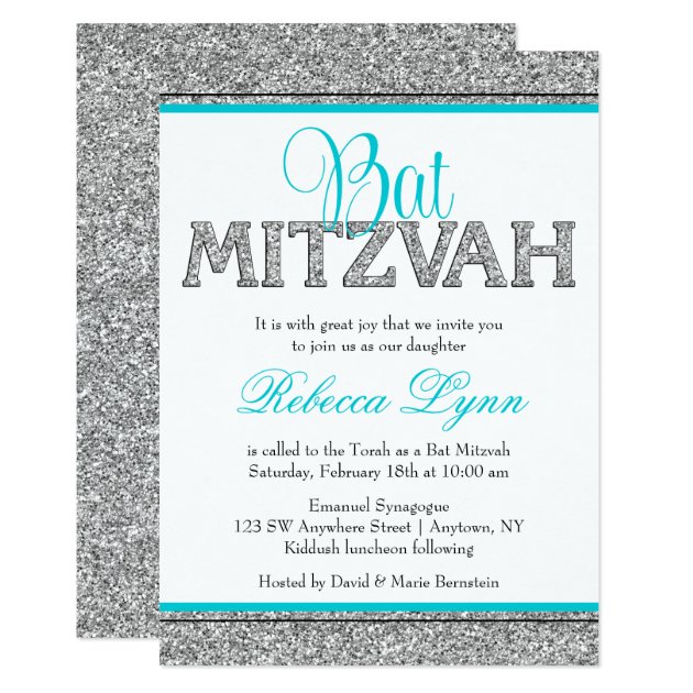 Glam Faux Glitter Silver Teal Blue Bat Mitzvah Invitation