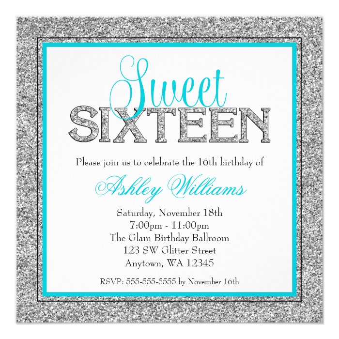 Glam Faux Glitter Silver Teal Blue Sweet 16 Personalized Invitation