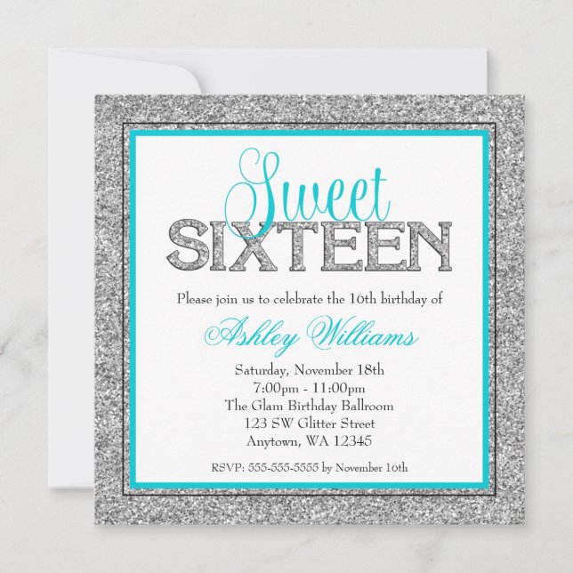 Glam Faux Glitter Silver Teal Blue Sweet 16 Invitation (Front)