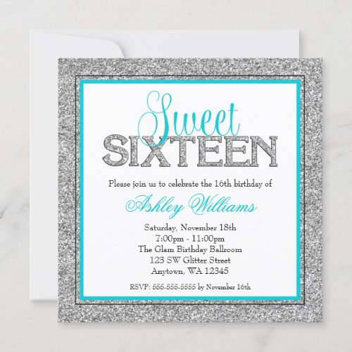 Glam Faux Glitter Silver Teal Blue Sweet 16 Personalized Invitation