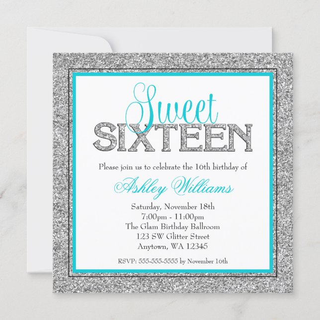 Glam Faux Glitter Silver Teal Blue Sweet 16 Invitation (Front)